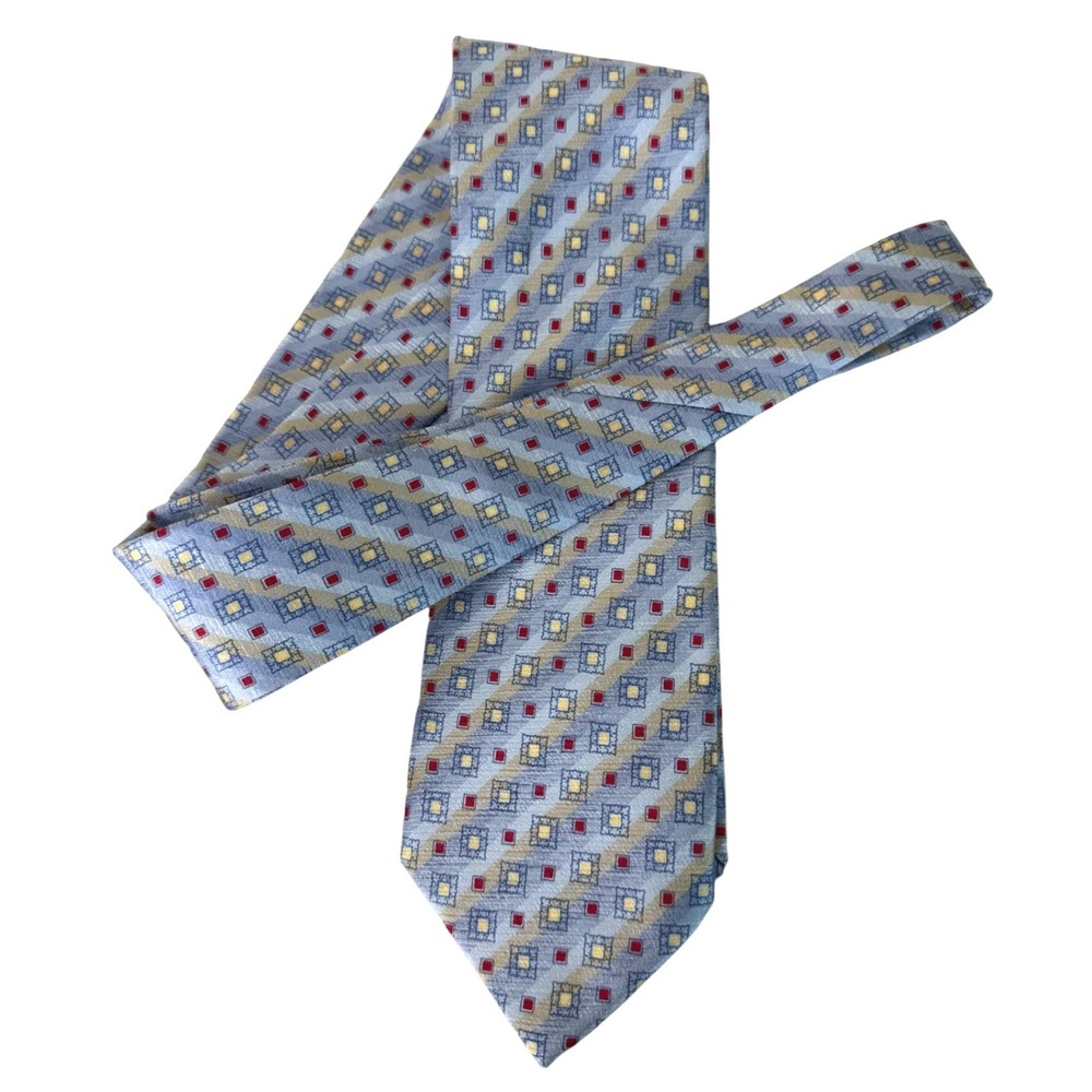 Brioni Silk Tie Blue/Tan Stripe Red Squares